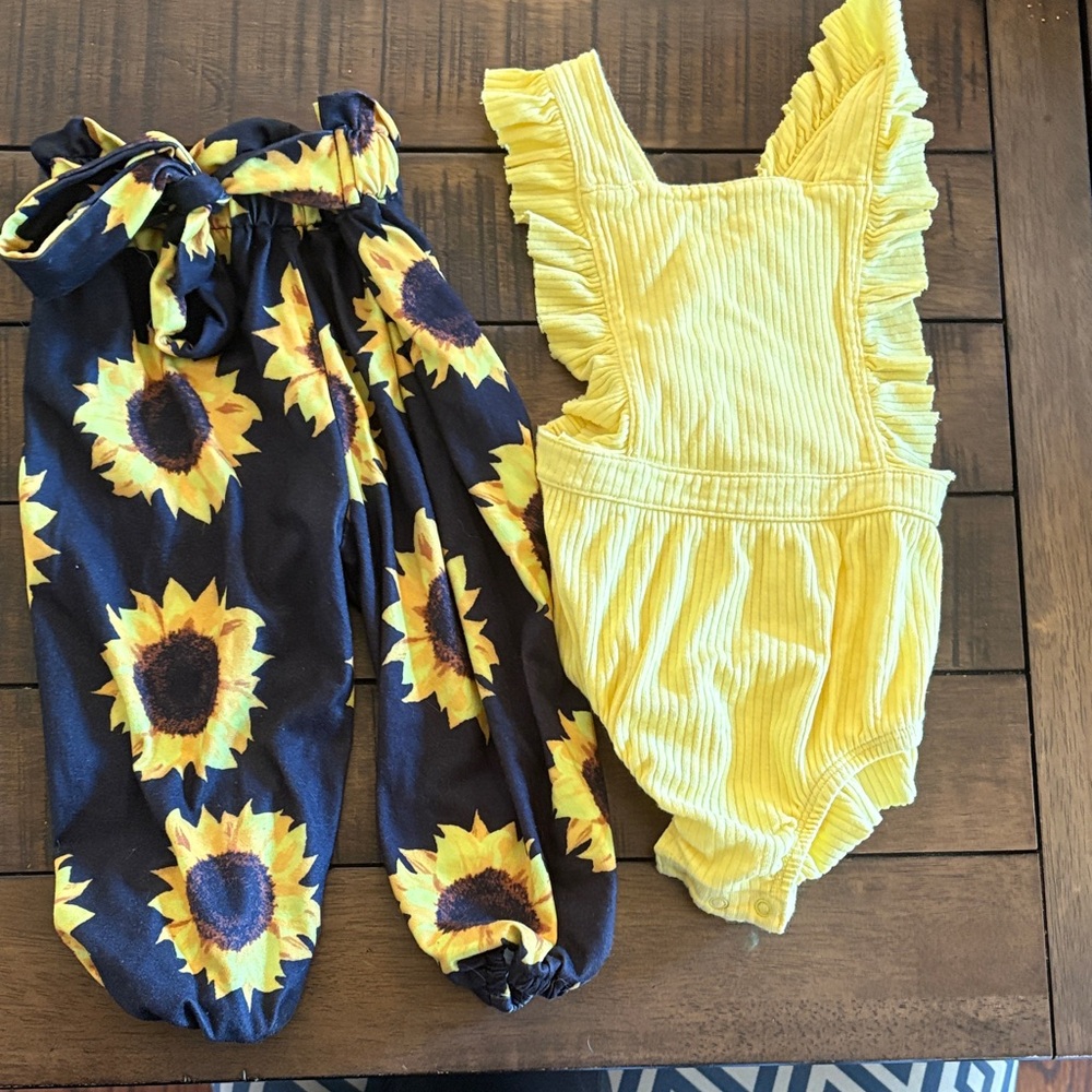 12-18 Month Sunflower Print Paper Bag Waisted Pants and Yellow Ruffle Onesie